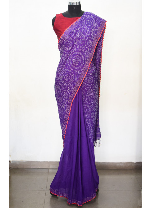 Purple, Handwoven Organic Cotton, Textured Weave , Tie & dye, Occasion Wear, Jari, Rai Bandhani Saree